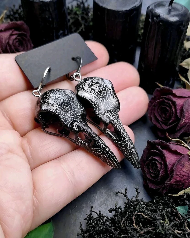 Серьги череп ворона