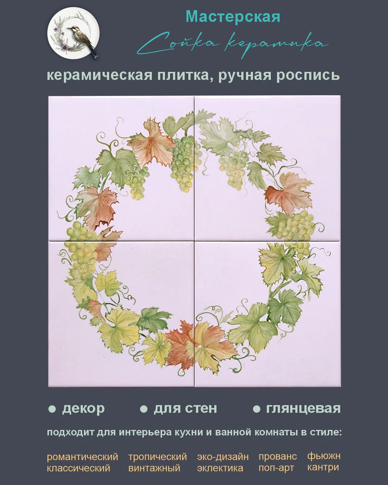 Керамическое панно «Виноград» — 4 плитки, 15 × 15 см