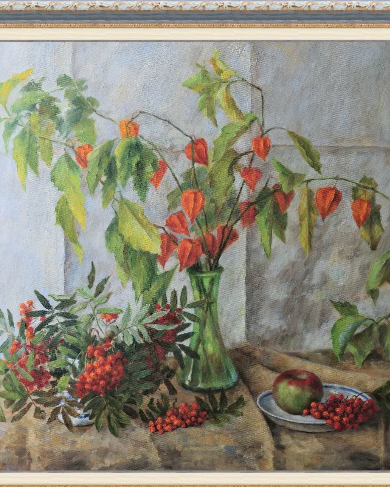Рябина и физалис. Картина маслом