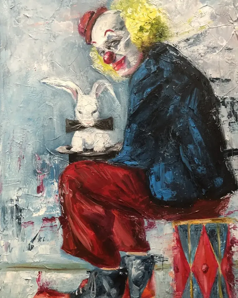 Клоун и кролик в шляпе. Картина маслом 35×50 см — 35×50 см