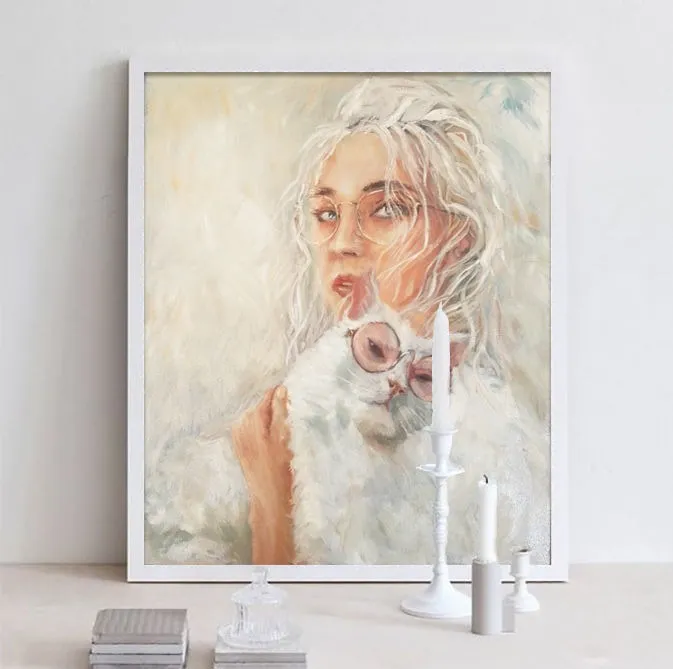 Девушка с котом. Картина маслом 50×60 см