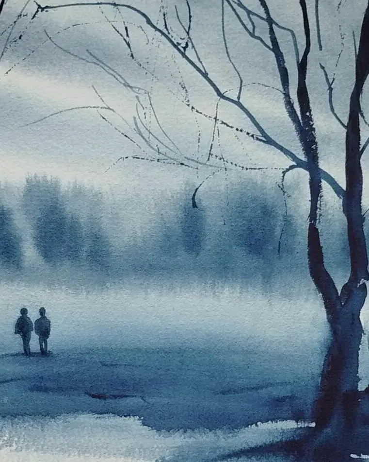 Вдвоём. Зимний пейзаж акварелью — 18×27 см