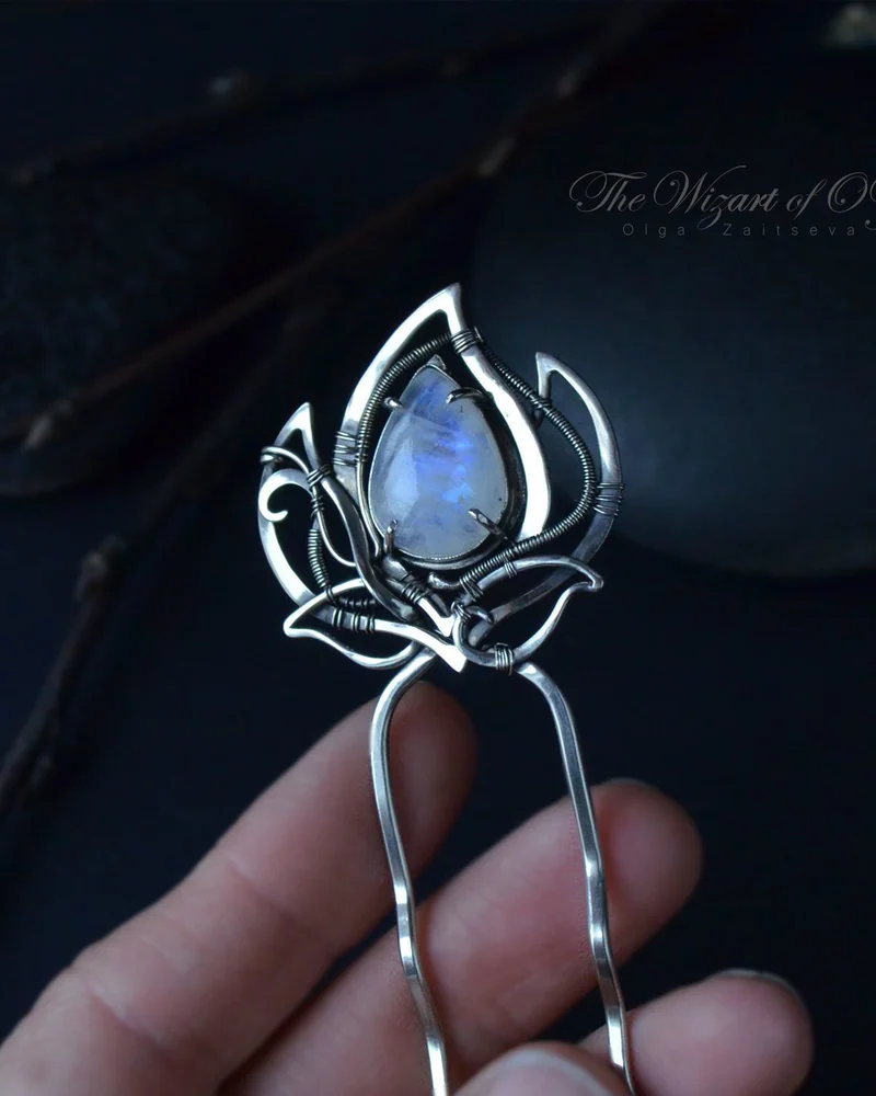Шпилька с лунным камнем Ночной цветок, заколка для волос (голубой камень)