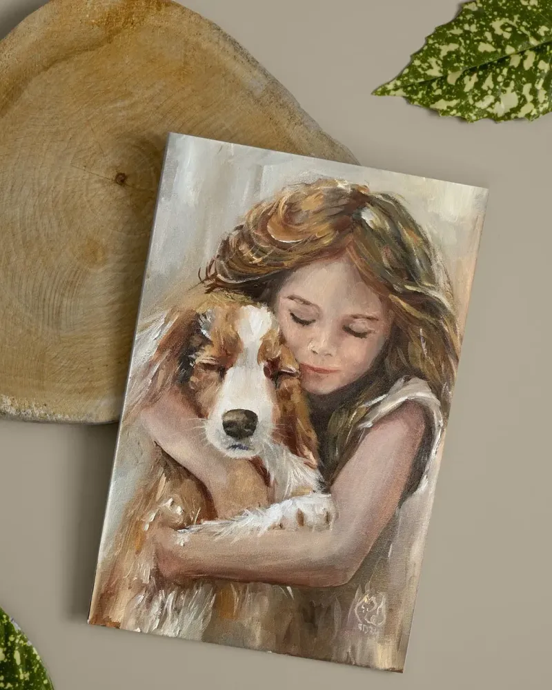 Девочка с собакой. Картина маслом 20×30 см — 20×30 см