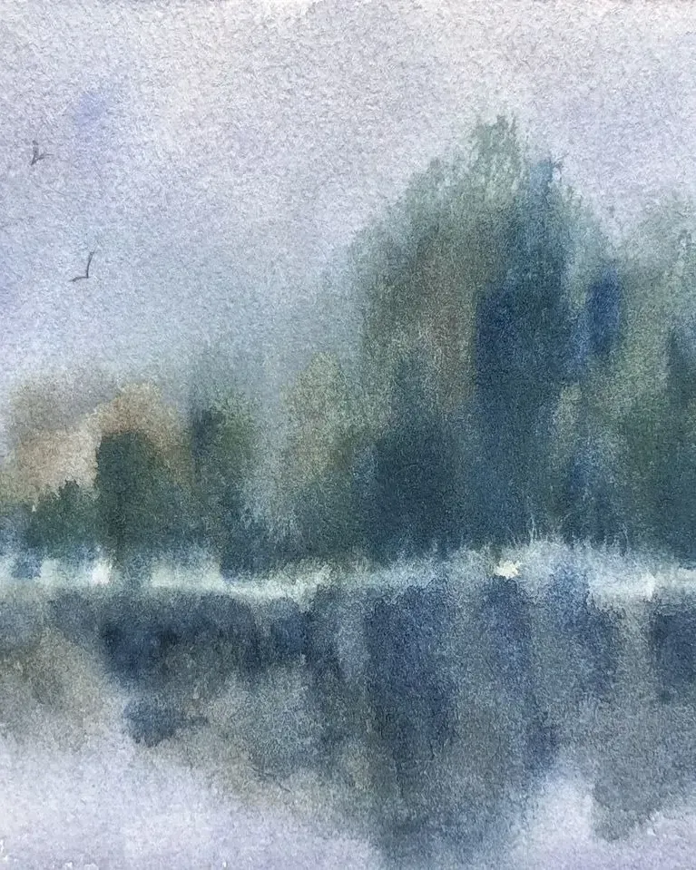 Пейзаж с отражением. Акварель в раме — 13×19 см, в раме