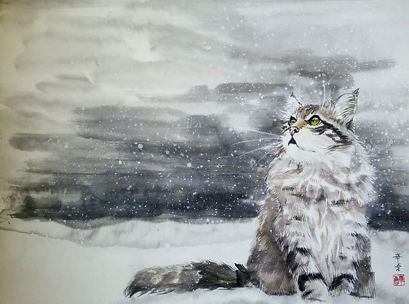 Картина А снег идет, 70x50 пушистая кошка