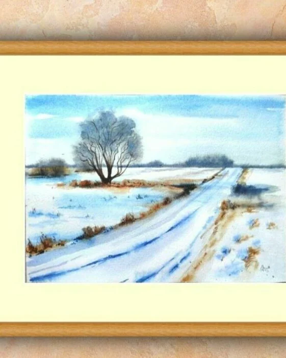 Картина Зимний пейзаж с дорогой акварель 27x19.5 см
