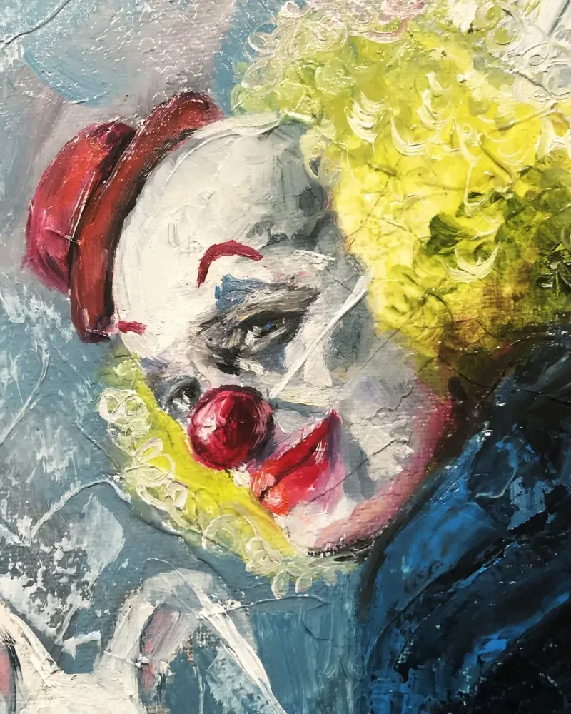 Клоун и кролик в шляпе. Картина маслом 35×50 см — 35×50 см