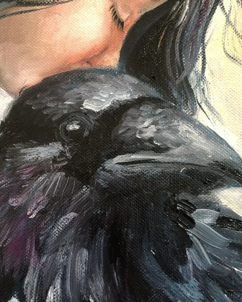 Девочка и ворон. Картина маслом 30×30 см — 30×30 см