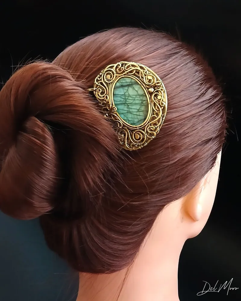 Гребень «Antique Mirror» с камнем — Зелёный, Лабрадорит 1