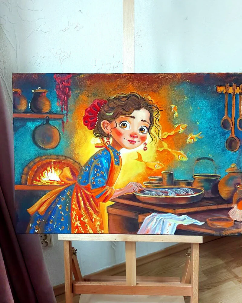 Картина маслом «Казачка у печи». Казачка жарит селёдку