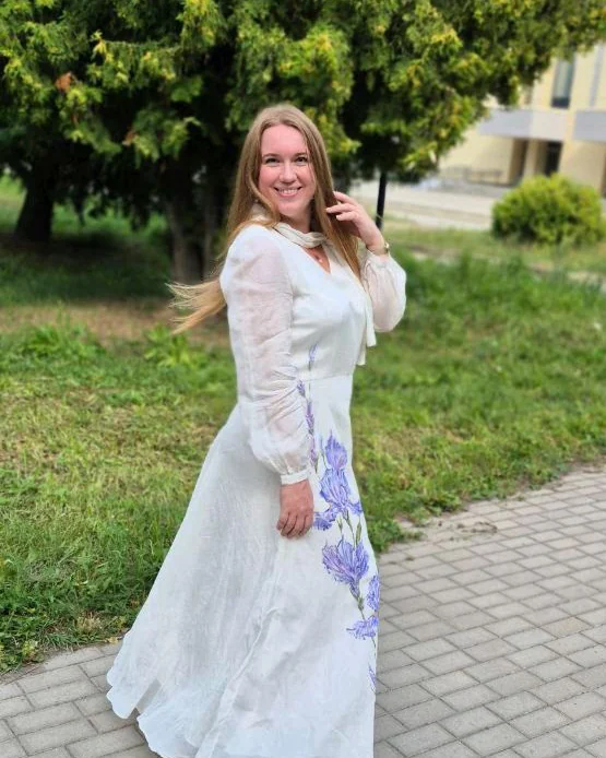 Льняное платье Сиреневые ирисы изысканно прекрасны, лен Италия