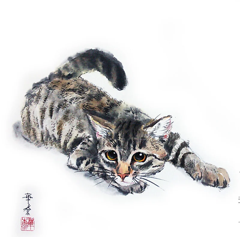 Картина Охочусь, 32x32 полосатая кошка