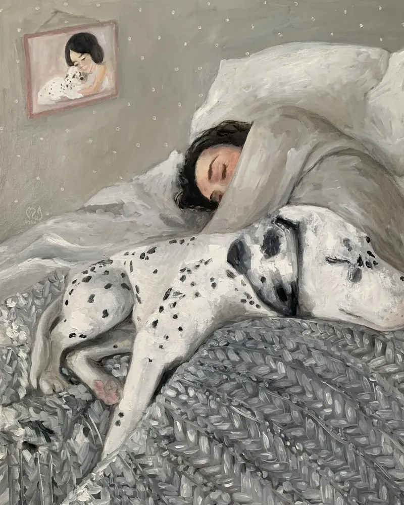 Девушка и её пёс. Картина маслом 60×70 см — 60×70 см