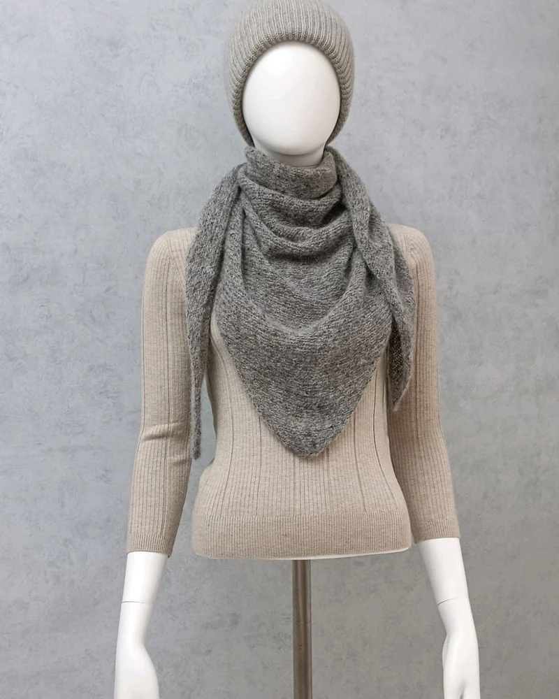 Комплект кашемир 100%/baby-alpaca-косынка и шапка с двойным отворотом — Серый