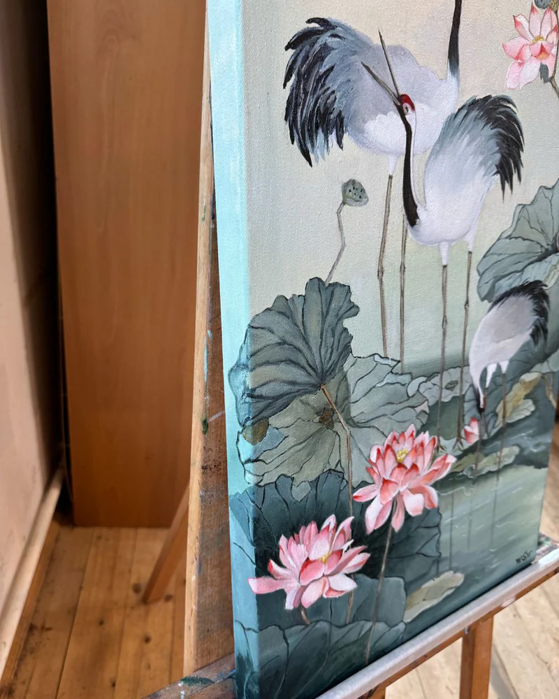 Картина маслом птицы «Журавли» 40×70 см Пейзаж — Оригинал