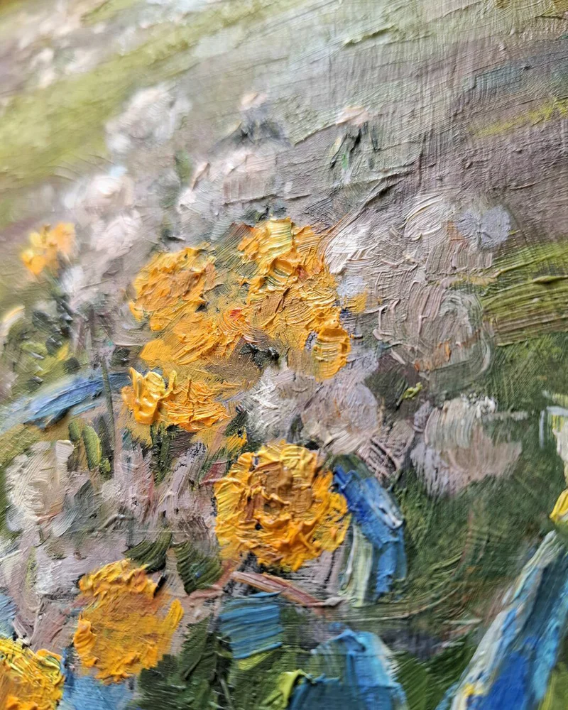 Этюд с одуванчиками. Картина маслом