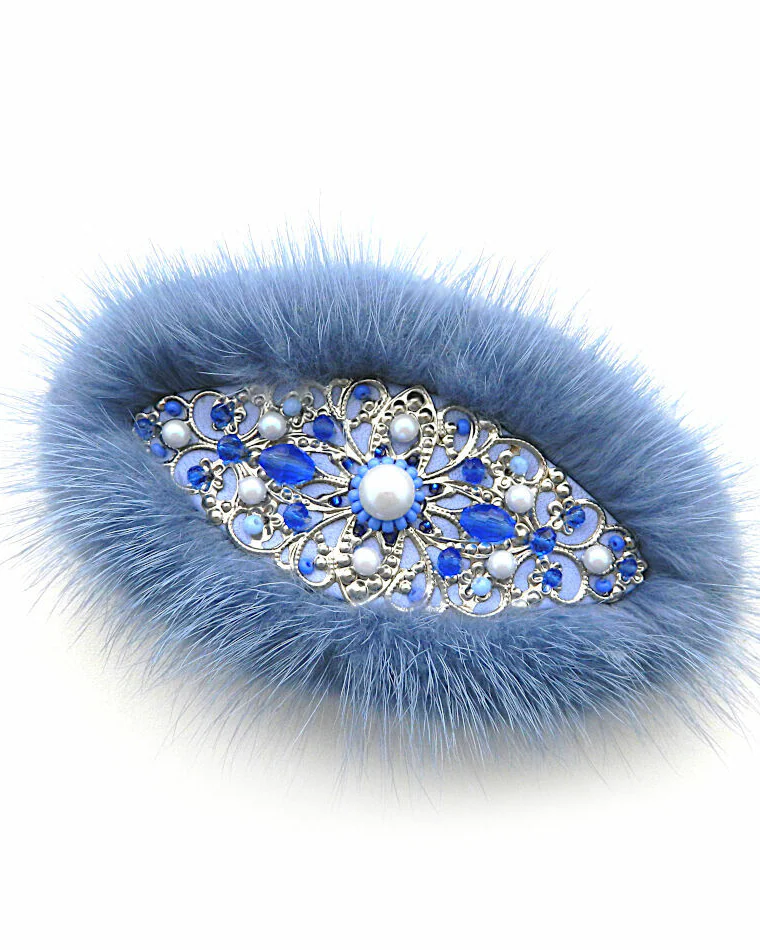 Заколка для волос из кожи и меха Пани Валевская серо-голубая джинс
