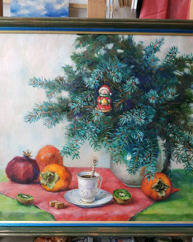 Новогодняя чашечка кофе. Картина маслом на холсте