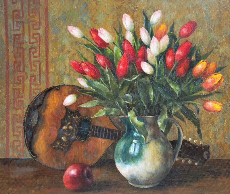 Тюльпаны и мандолина. Холст, масло. 2018