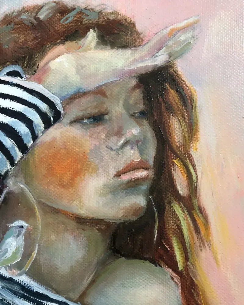 Девушка в тельняшке. Картина маслом 40×40 см — 40×40 см