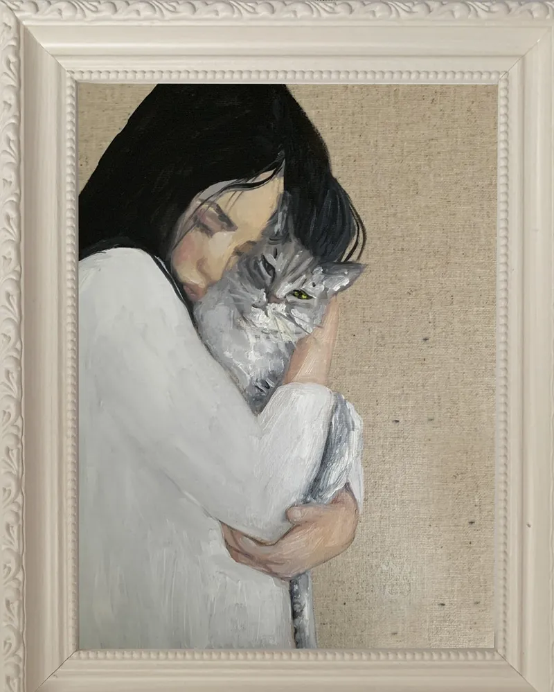 Девушка и кот. Картина маслом 23×29 см — 23×29 см