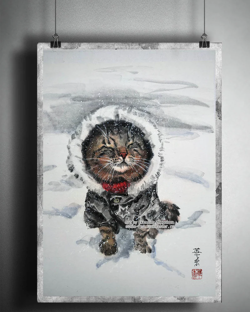 Картина Кошачий спецназ 31x41 кот кошка голубая зима лофт
