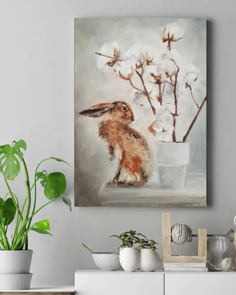 Заяц и хлопок в вазе. Картина маслом 35×50 см — 35×50 см
