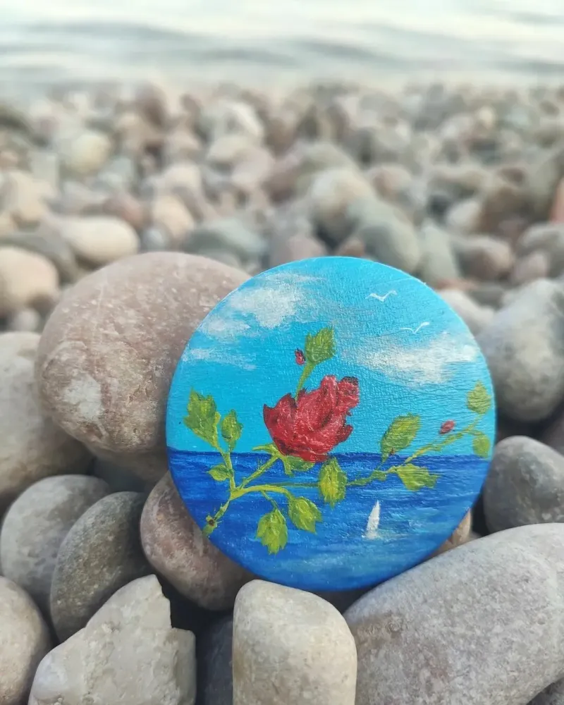 Брошь Роза у Моря. Миниатюра на Холсте. Морской пейзаж — Брошь