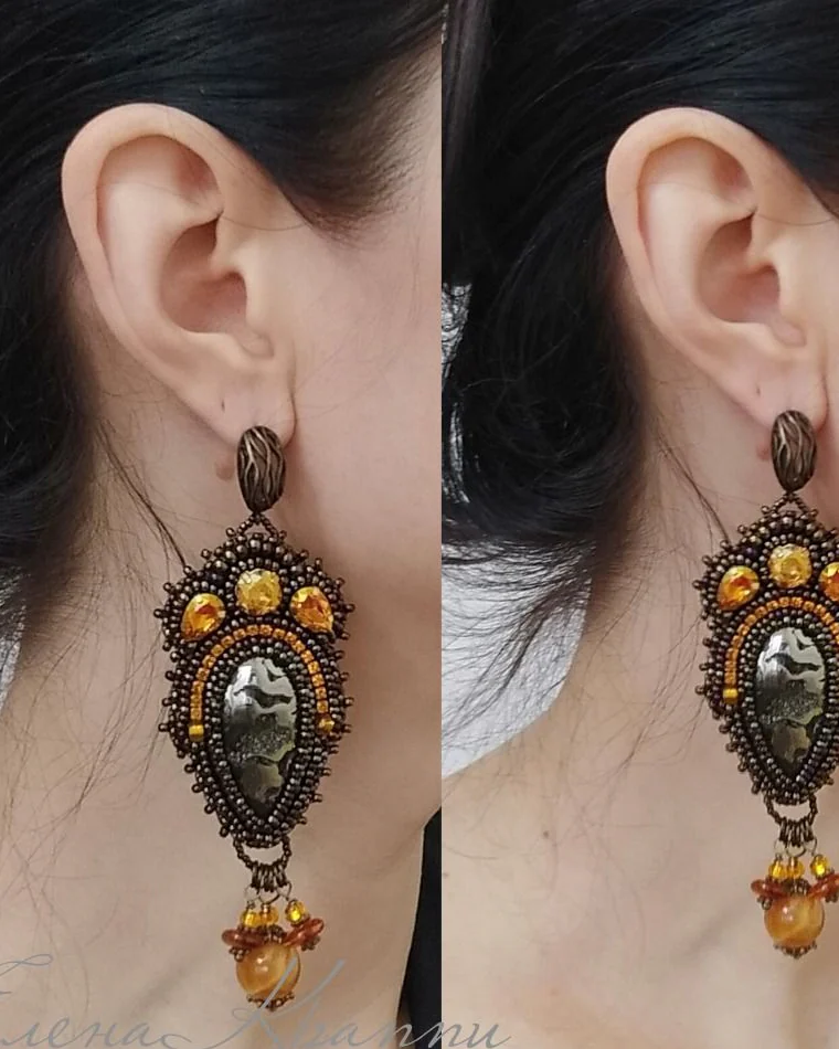 Серьги из янтаря и аммонитовой жеоды с кристаллами
