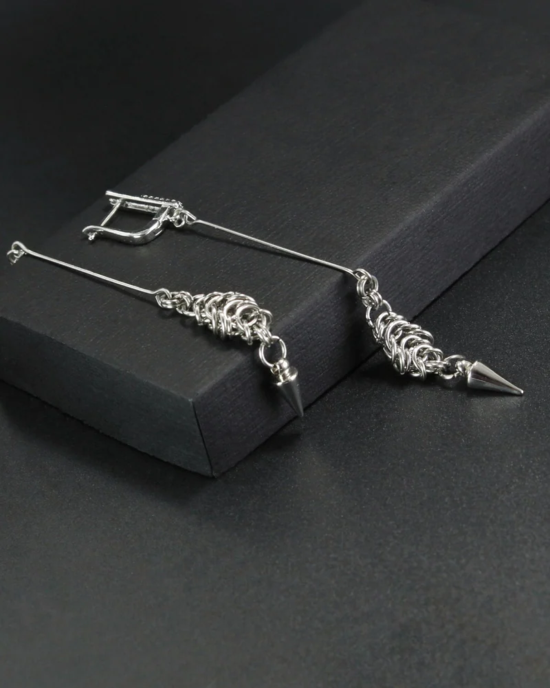 Стильные длинные серьги "Steel chains" — серебряные — Основной