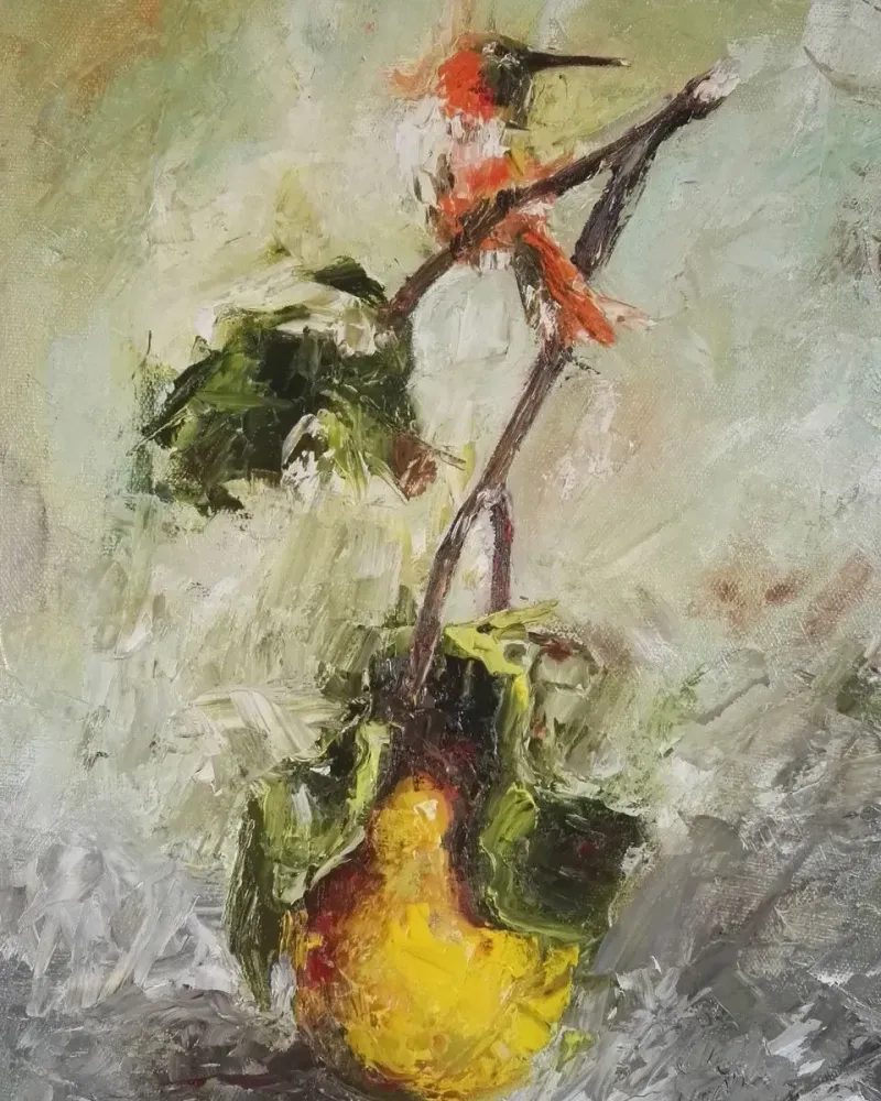 Ветка груши и птичка. Картина маслом 40×60 см — 40×60 см