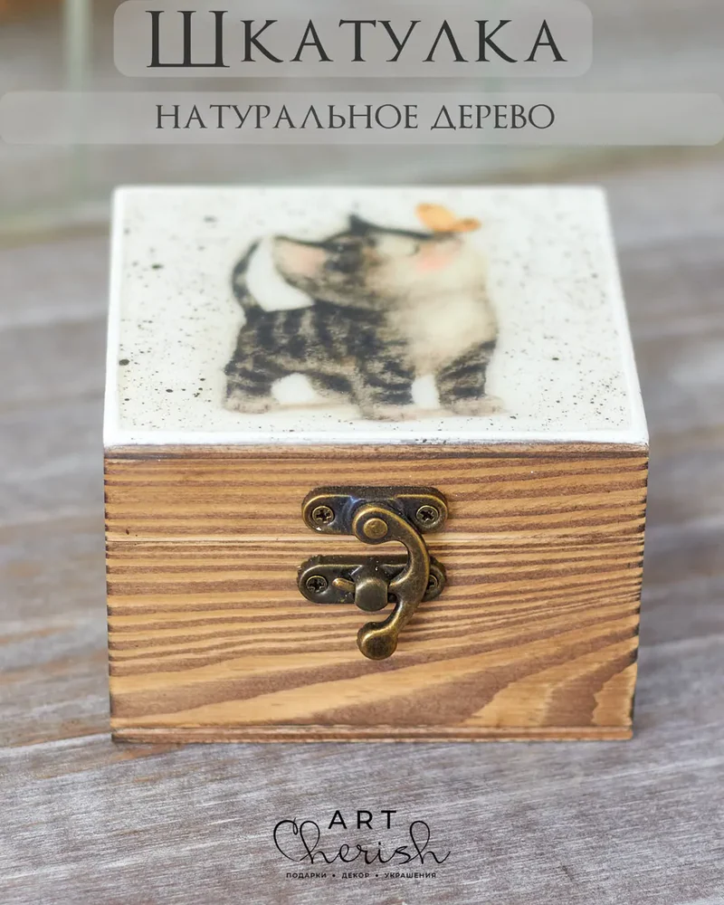 Шкатулка деревянная с рисунком, 10 × 10 × 6 см — Котик