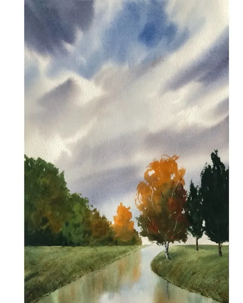 Осенний пейзаж акварелью — 24×37 см