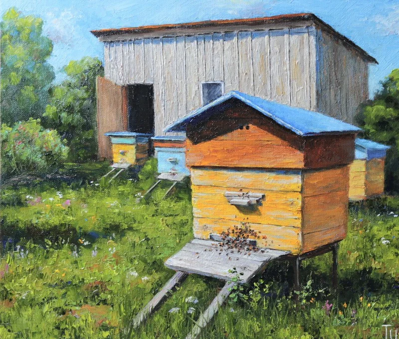 «Деревенская мозаика». Пасека. Картина маслом