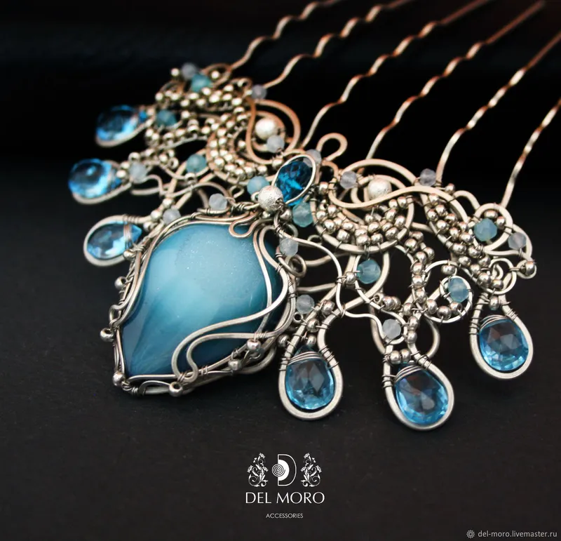 Гребень корона свадебный с камнями голубой "Mermaid crown"