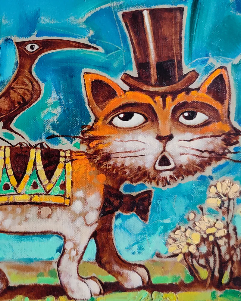 "Кот с птичкой", 30х45 см., картина, живопись.