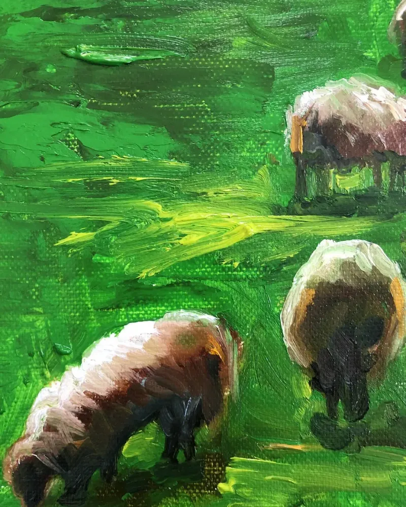 Летний пейзаж с овцами. Картина маслом 40×40 см — 40×40 см
