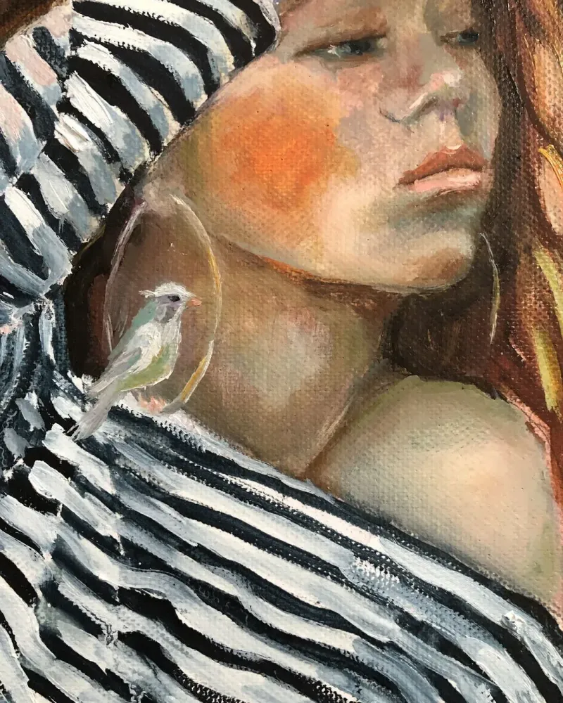 Девушка в тельняшке. Картина маслом 40×40 см — 40×40 см