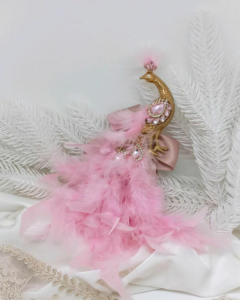 Ёлочные игрушка павлин розовый золотой