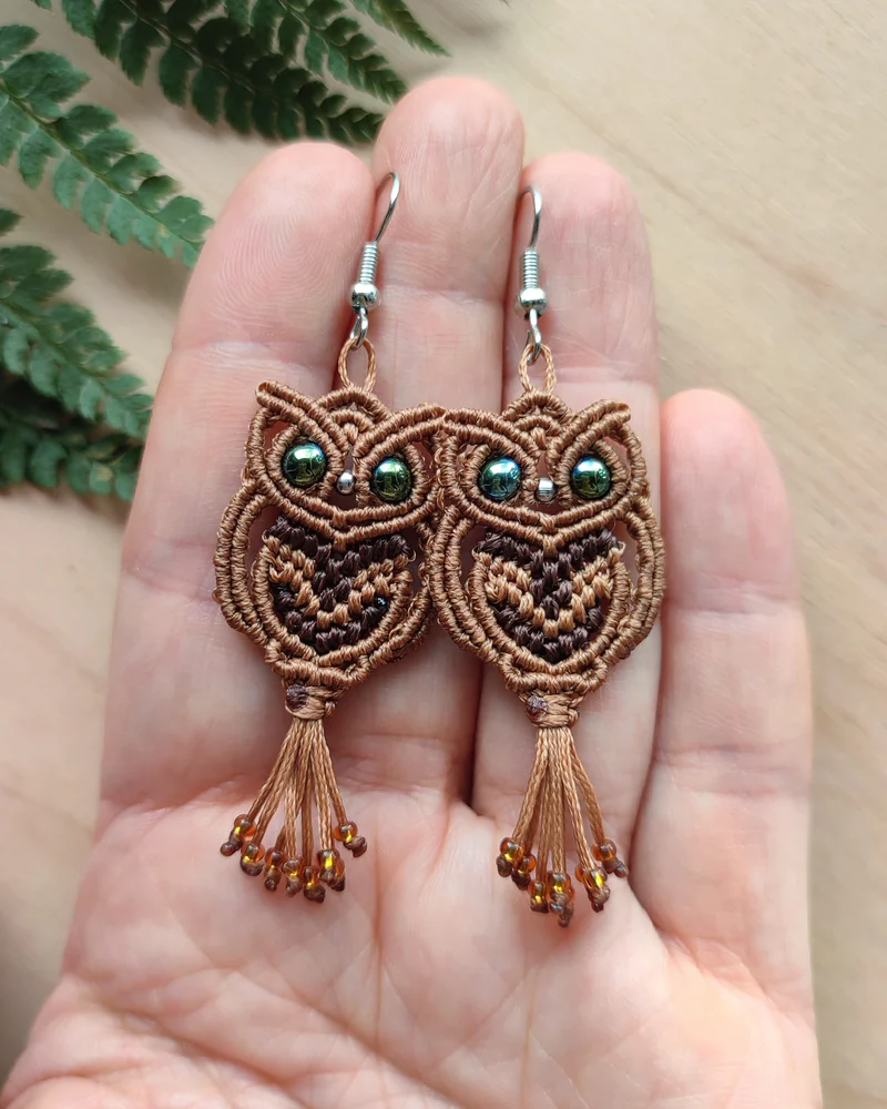 Серьги макраме «Совы» — Коричневые