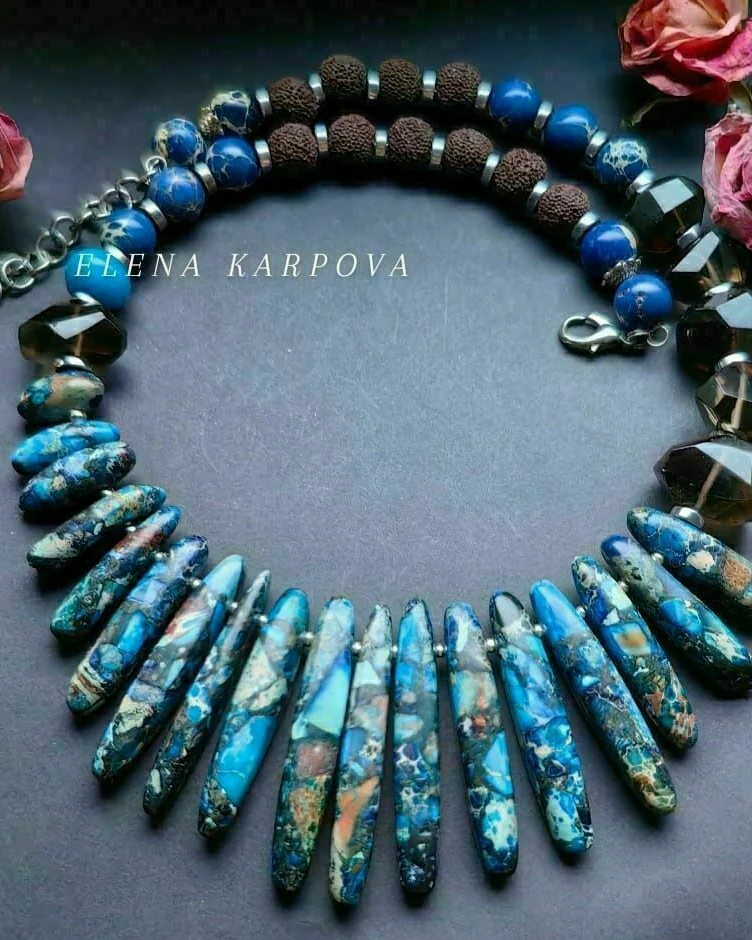 Колье с агатом, варисцитом, раухтопазом