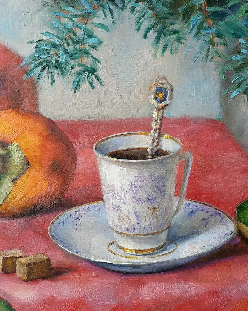 Новогодняя чашечка кофе. Картина маслом на холсте