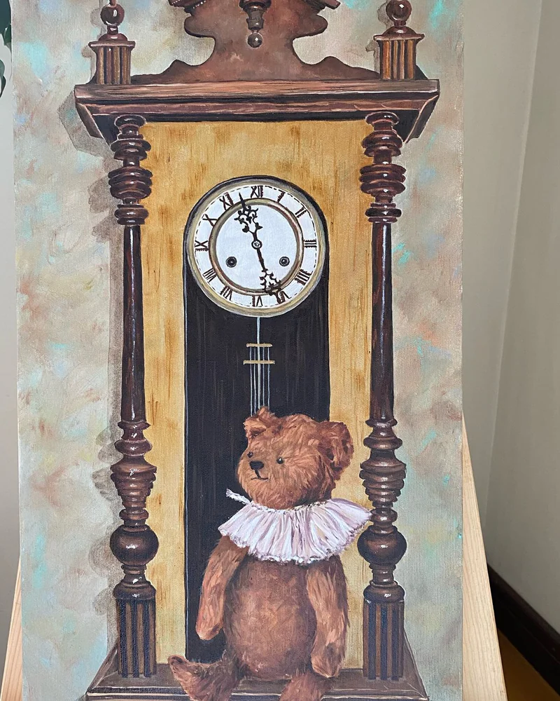 Картина маслом 30×60 “Five o ‘clock” (мишка и часы) — Оригинал