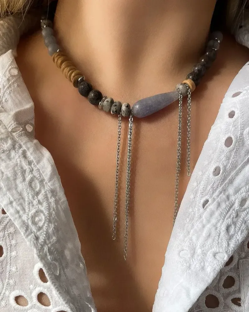 Комплект украшений из обсидиана и аквамарина