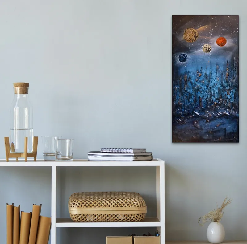 Фактурная картина «Многолуние» в синих тонах — 20×40 см