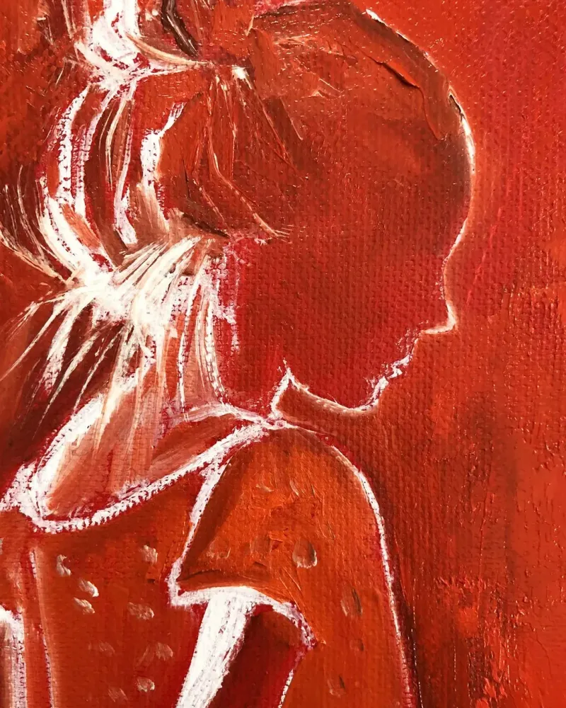 Девочка на красном фоне. Картина маслом 18×24 см — 18×24 см