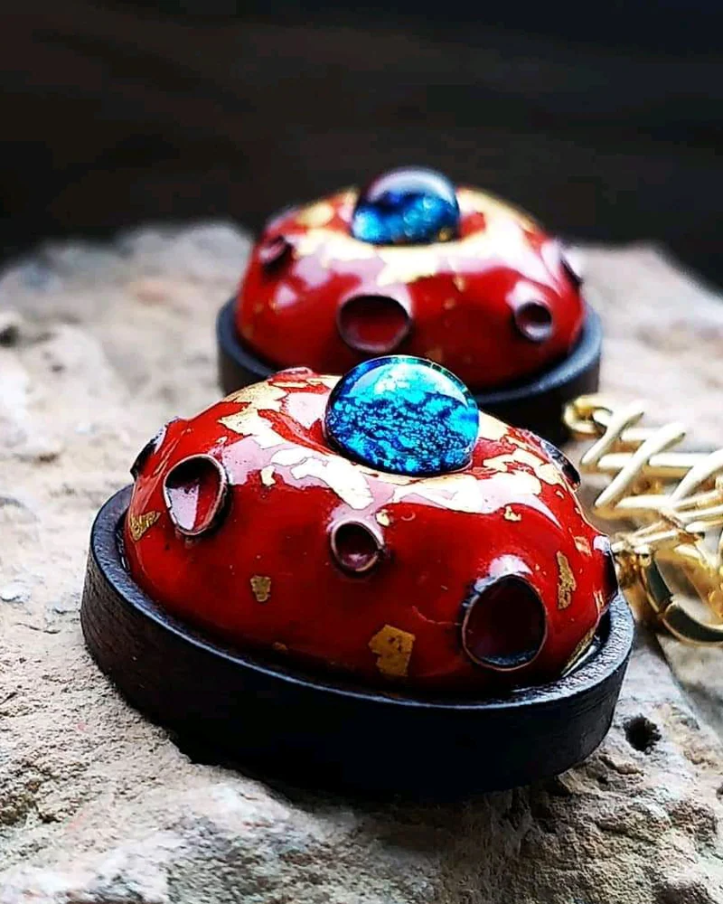 Авторские серьги "Китайские красные" с горячей эмалью