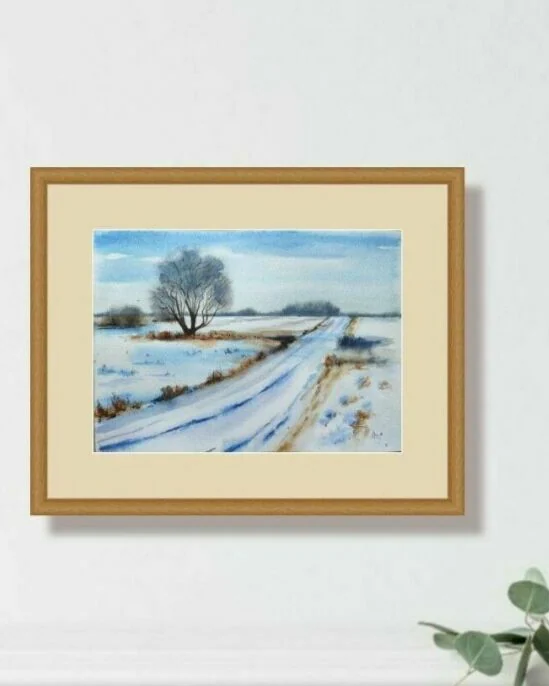 Картина Зимний пейзаж с дорогой акварель 27x19.5 см