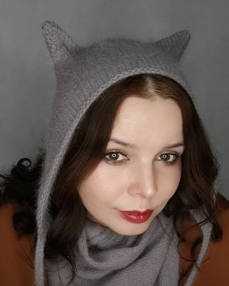 Коточепчик серый из ангоры чепчик с ушками
